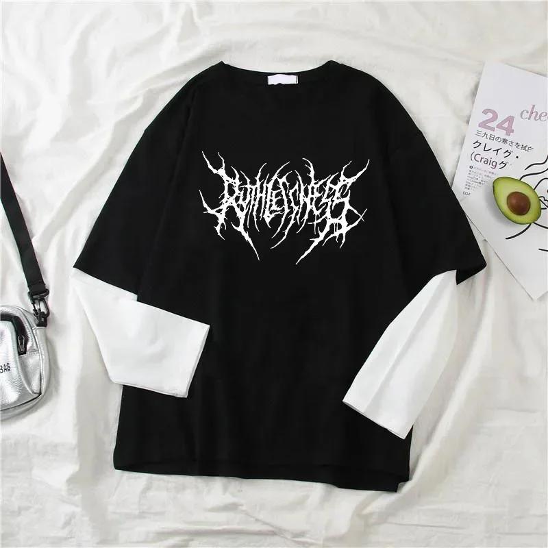 Mode Punk Style foncé imprimé col rond T-shirt Y2K Sport Harajuku mince femmes haut manches longues 