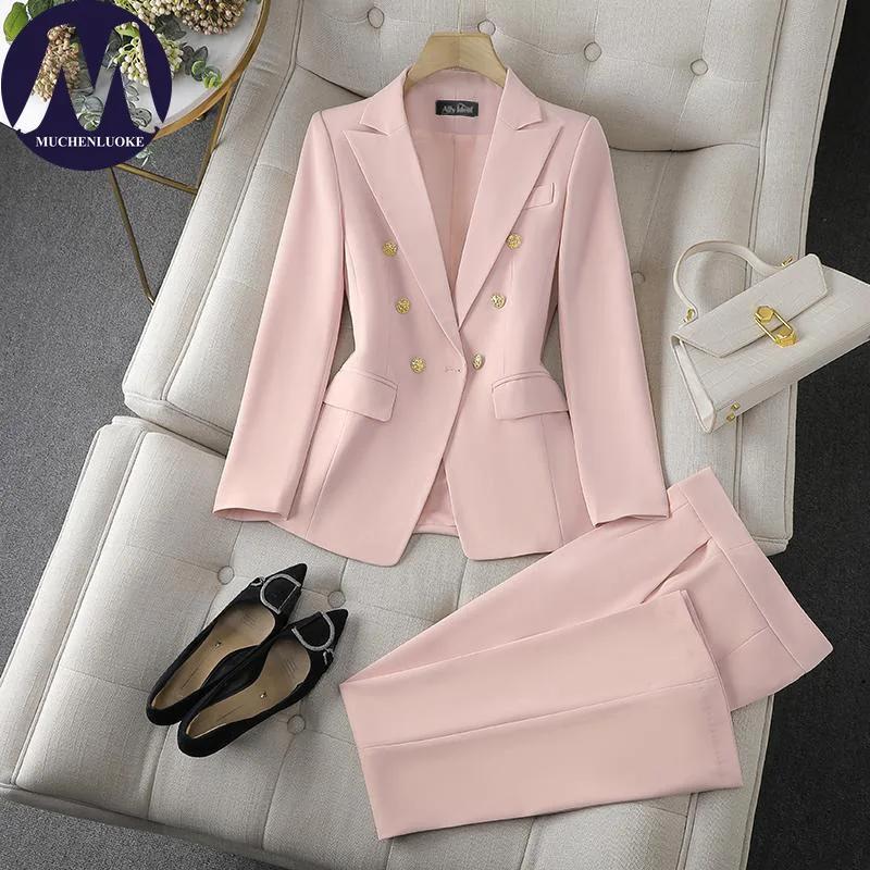 Ensemble deux pièces pour femmes, mode coréenne, blazer à manches longues et pantalon large, tenue d
