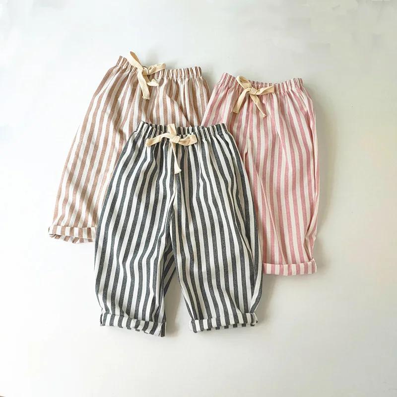 Pantalon à rayures en coton et lin pour garçon et fille, style décontracté, été automne