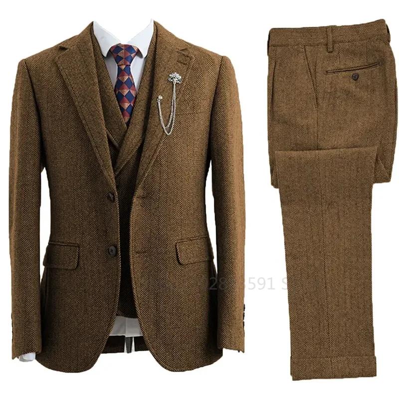Costume 3 pièces pour hommes, Tweed à chevrons, Double boutonnage, Tuxedos de mariage, taille, vêtem
