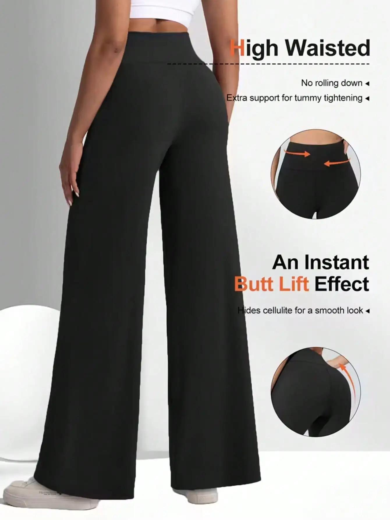Pantalons de yoga pour femmes à taille haute et jambes larges, couleur unie, ceinture élastique, tis
