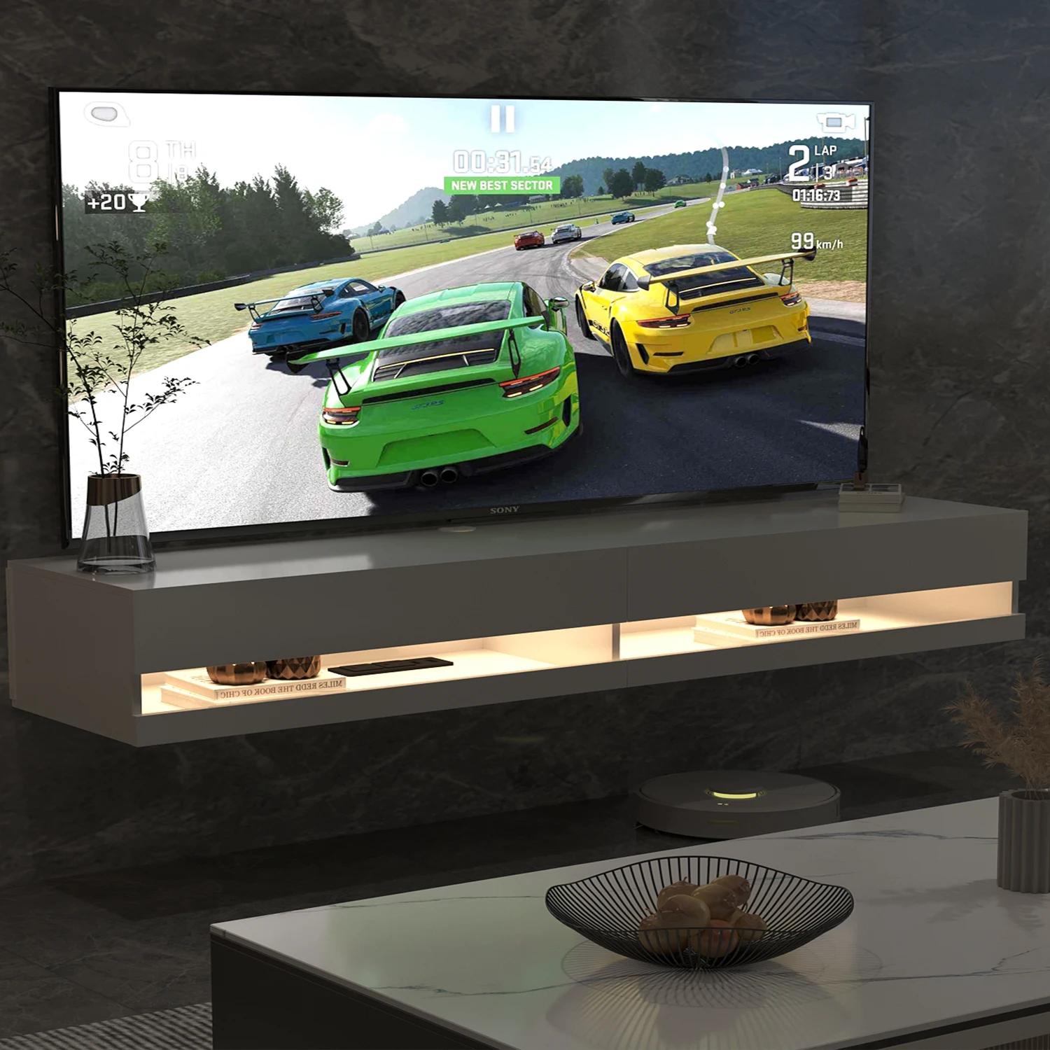 Support TV flottant pour TV 75/80 ", support TV mural LED avec prises de courant, console multimédia