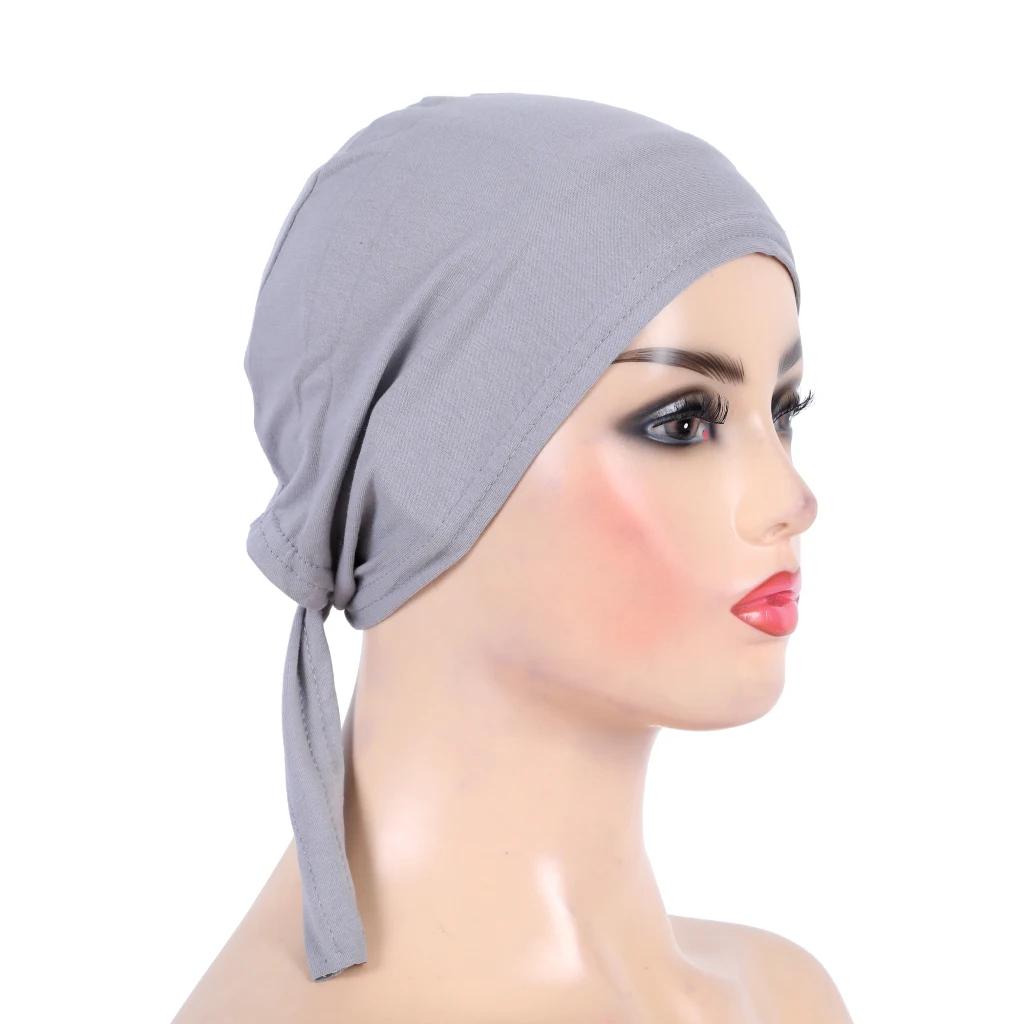H048 coton uni cravate dos chapeaux Turban musulman couleur Pure extensible intérieur Hijabs sous-éc