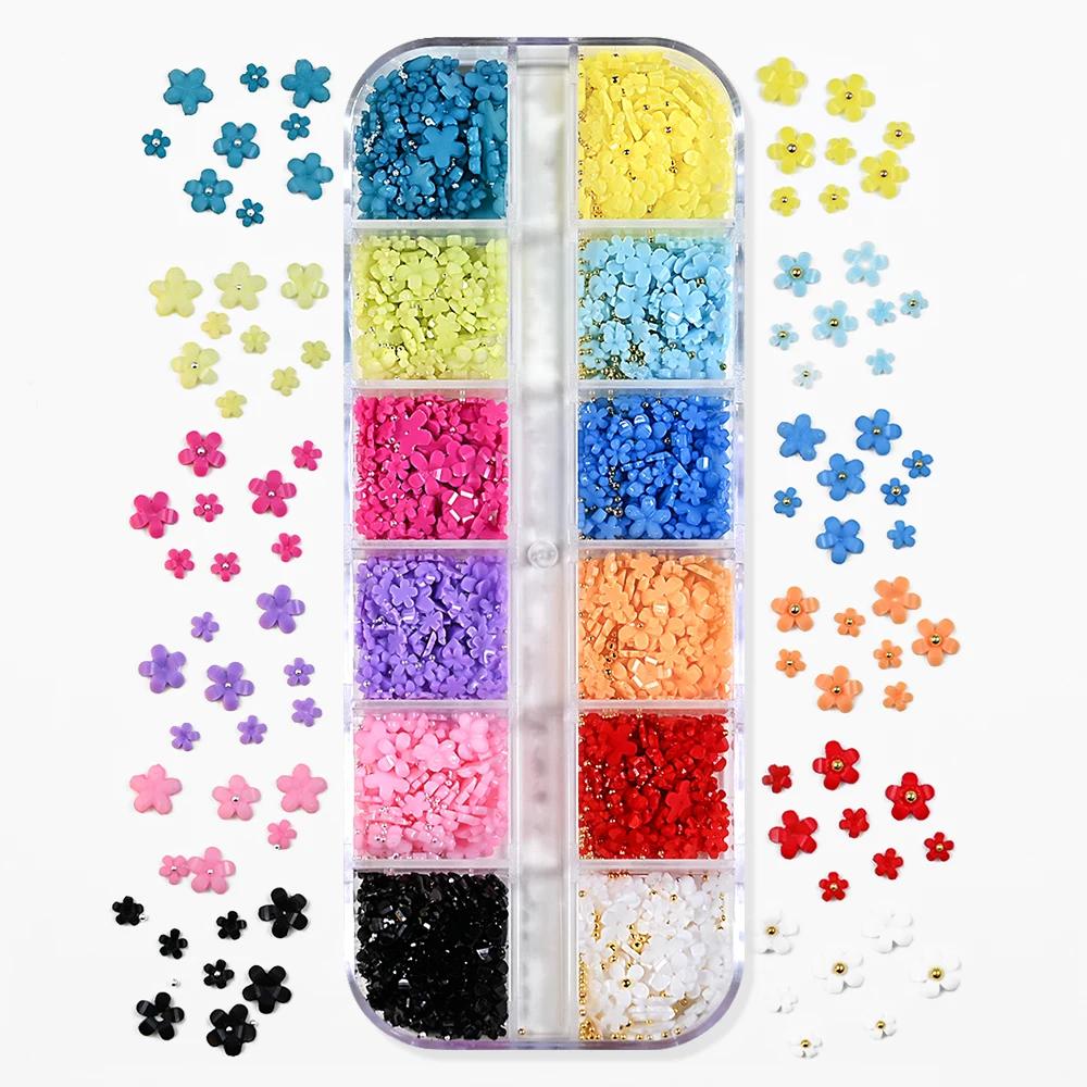 Breloques pour ongles en acrylique 3D, 12 grilles (avec perles en acier), fleurs colorées à cinq pét