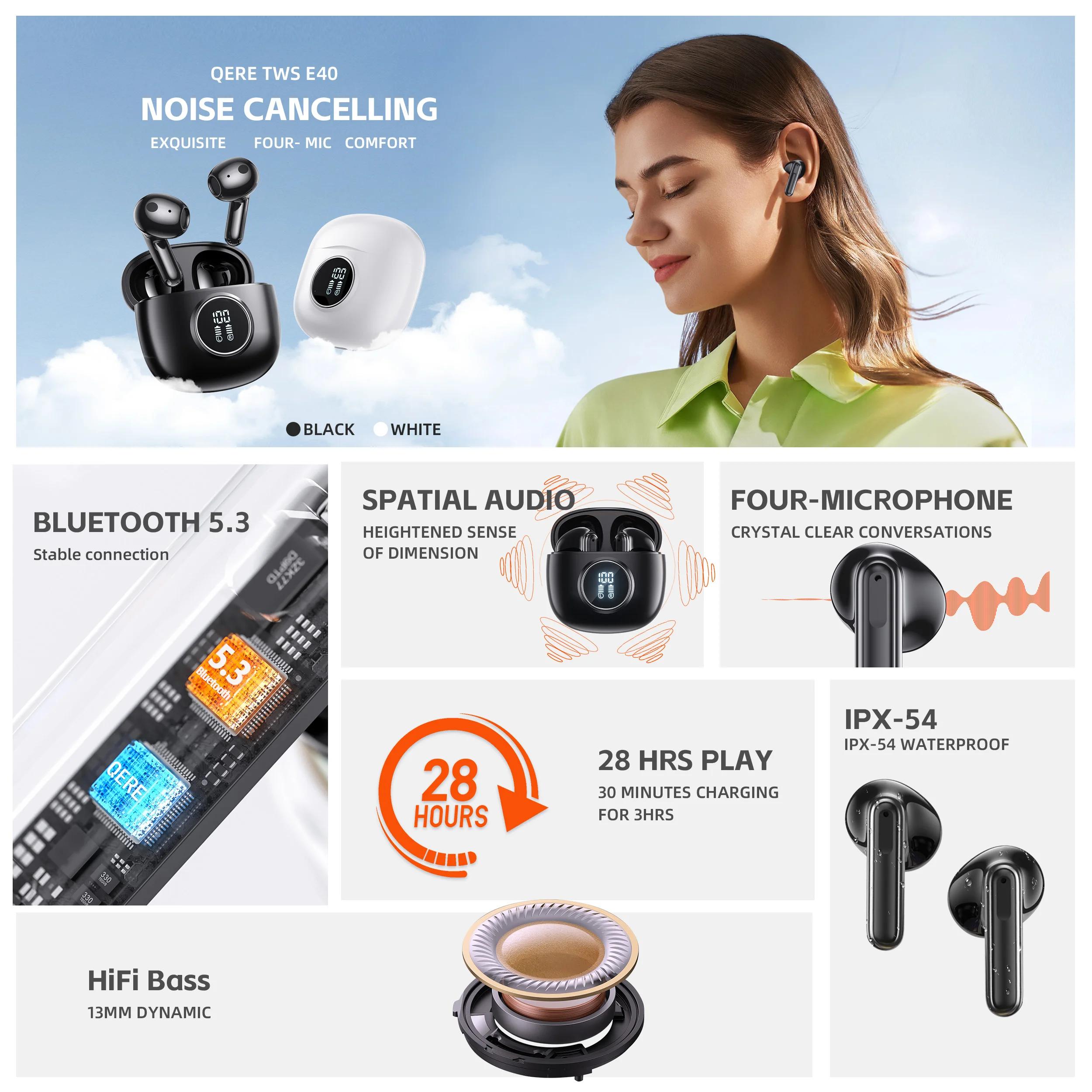 Écouteurs sans fil, QERE E40, nouveau TWS Bluetooth 5.3, Microphone HD, écouteurs HIFI, pilote 13mm,