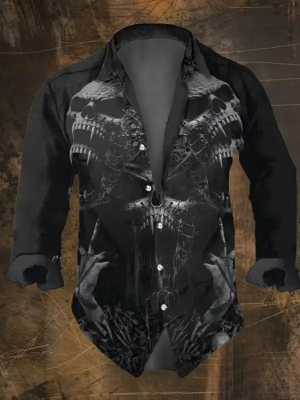 Mode hommes Vintage crâne foncé imprime chemises à manches longues imprimé crâne hauts noirs coupe r