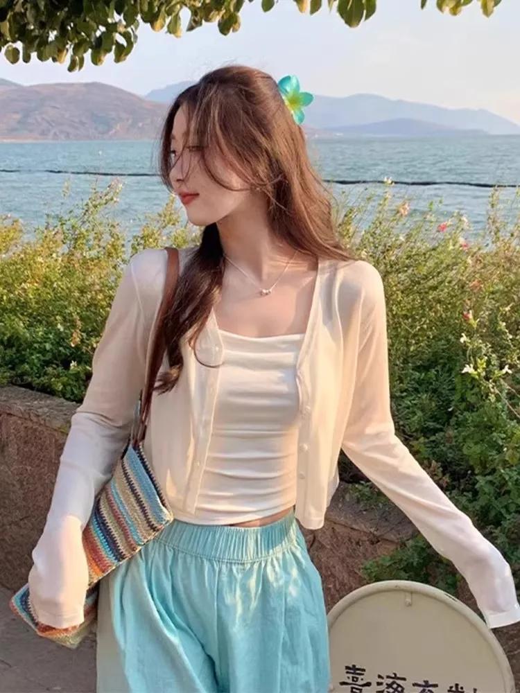 Nouveau Cardigan en Tricot Blanc Col V pour Femme, Protection Solaire, Manches Longues, Modèle Q3584