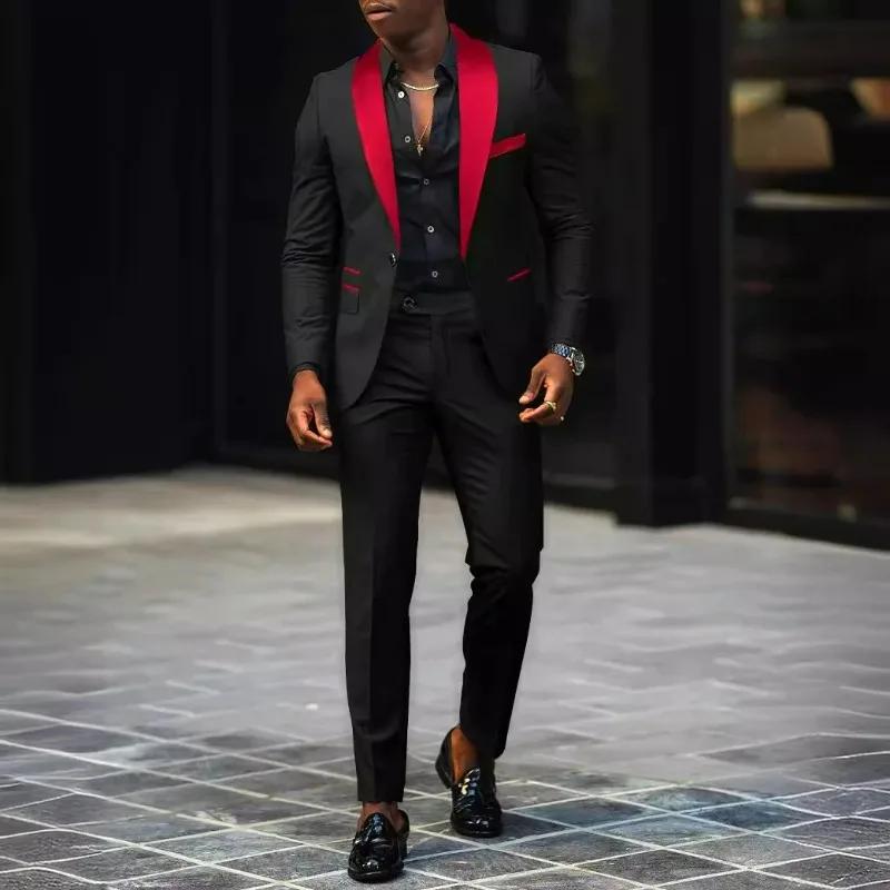 Ensemble 2 pièces KIDWHXR pour homme : Blazer patchwork à simple boutonnage et pantalon uni slim – T