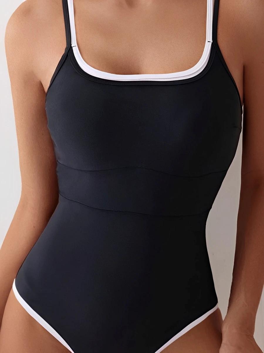 Maillot de bain une pièce sexy à bretelles 2026 noir uni pour femme – Tenue de plage