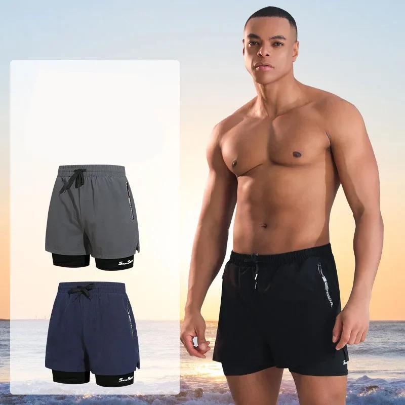 Maillot de bain Double couche pour hommes, Angle plat, séchage rapide, Anti-embarras, pantalon de pl