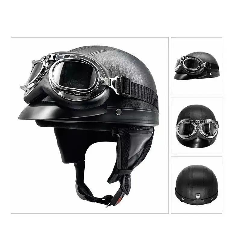 Casque de moto semi-ouvert rétro casque de moto et visière lunettes UV moto cross-country moto demi-