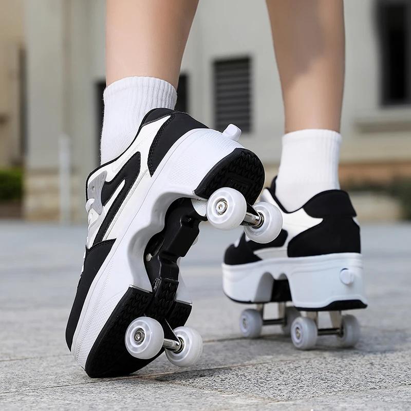 Chaussures à roulettes pour enfants avec 4 roues, patins à roulettes, chaussures de parkour déformab