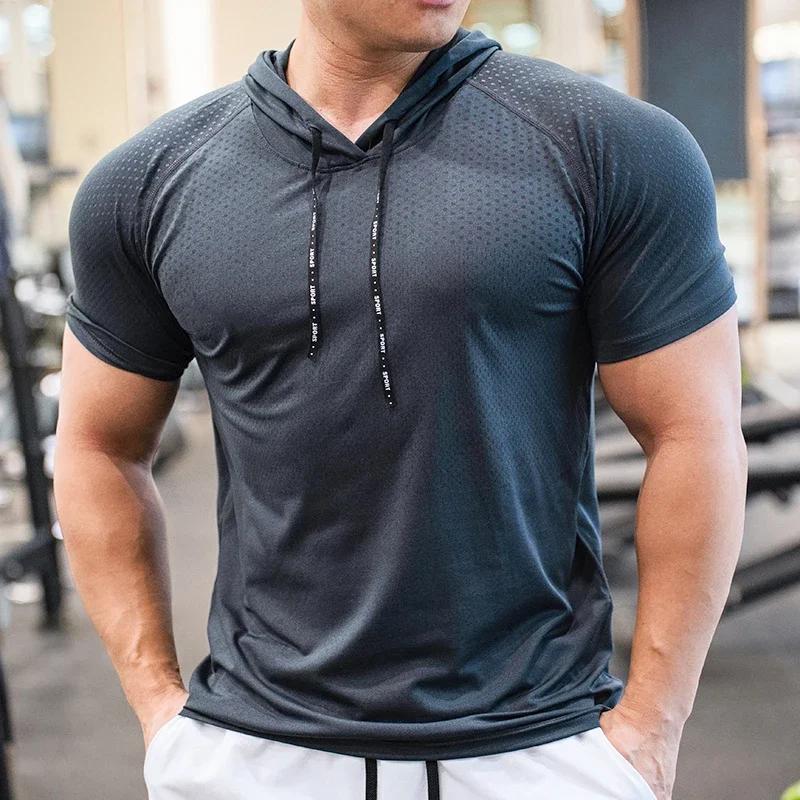 Sweat à capuche pour hommes, course à pied, musculation, Sport, manches courtes, vêtements de Fitnes