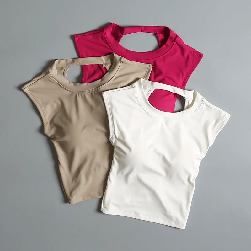 T-shirt sport femme dos nu fixe coussin poitrine - Haut yoga ajustement serré séchage rapide pour entraînement