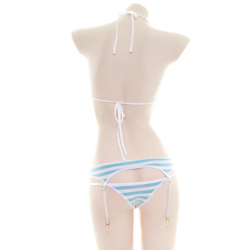 Soutien-gorge sexy Lolita pour femmes sous-vêtements Kawaii carnaval bleu rose blanc rayé mini bikin