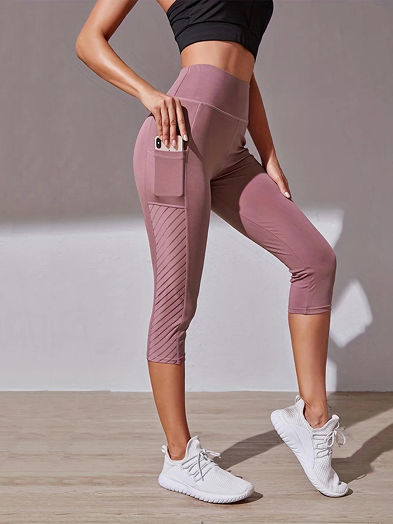Pantalon yoga femme taille haute en maille - Legging capri avec poches et contrôle ventre