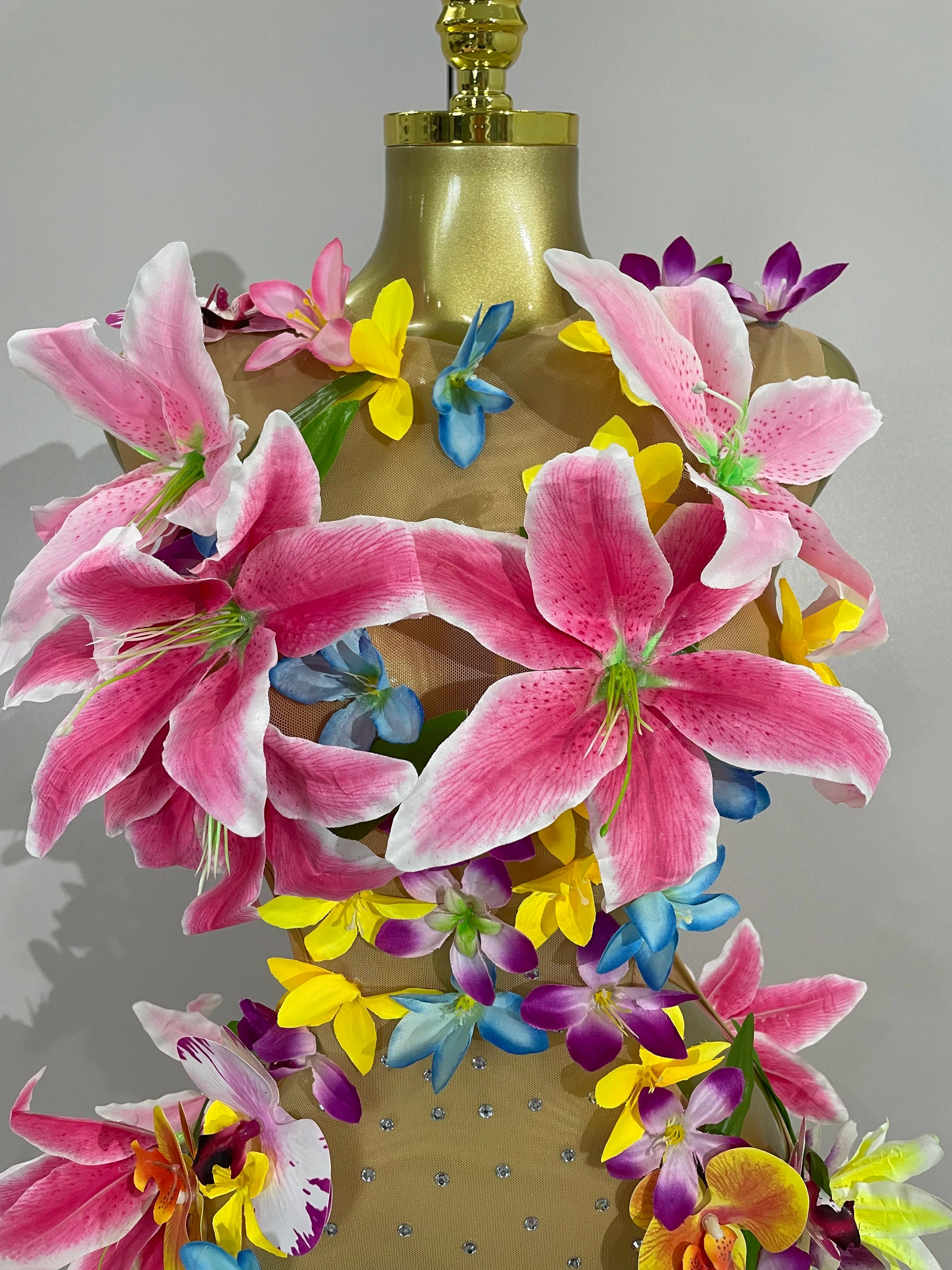 Femmes soirée robes de fête d'anniversaire fleurs colorées sans manches Sexy maille voir à travers M