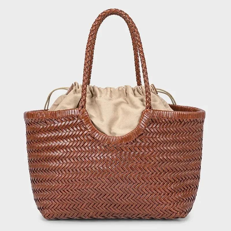 Sac fourre-tout tissé à la main de marque, grand panier à légumes en cuir véritable français avec po