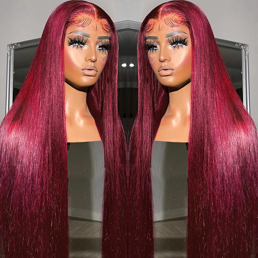 Perruque Lace Front Wig sans colle naturelle, cheveux lisses, rouge bordeaux 99J, 13x6, 13x4 HD, 30 