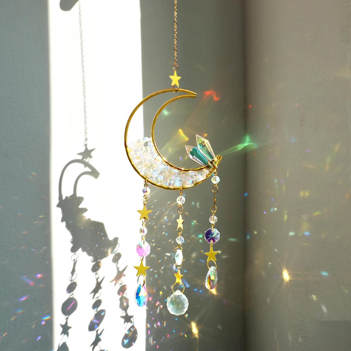 Attrape-rêves en cristal, attrape-soleil pour fenêtre intérieure, boule de prisme, lune, arc-en-ciel
