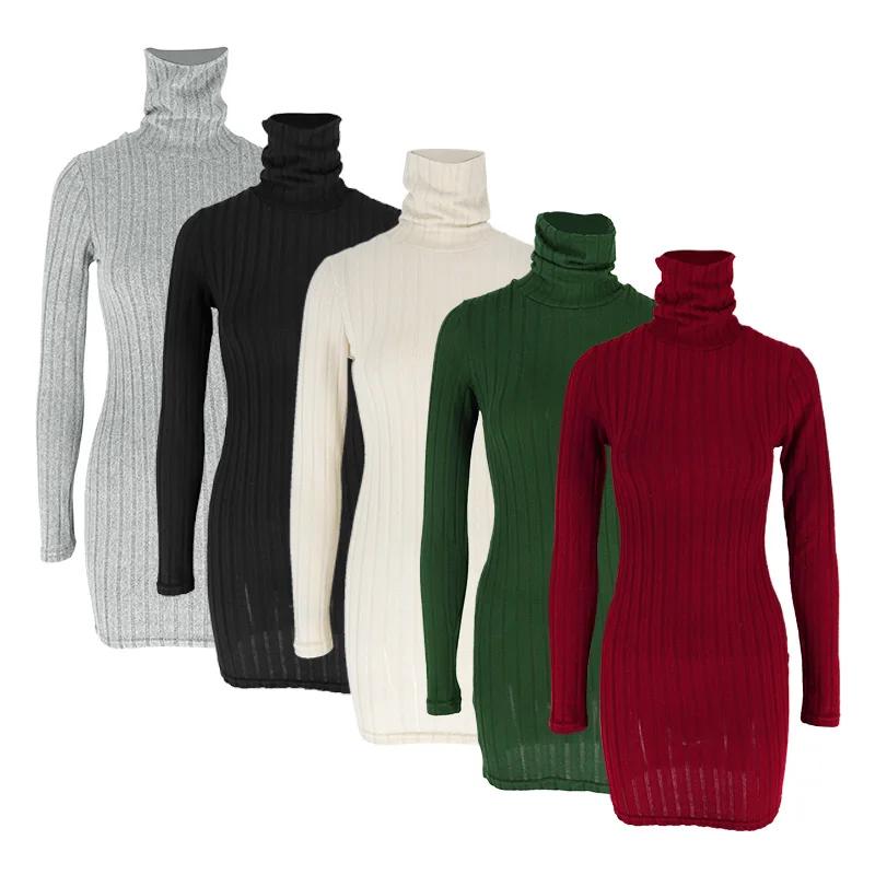 Nouvelles Robes Automne Hiver Femme Manches Longues Col Roulé Unies Sexy Moulantes Fourreau Mini Rob