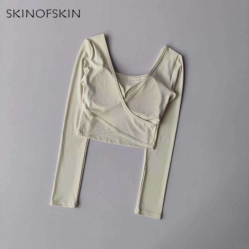 Coussinets poitrine fixes vêtements yoga dos croisé - Haut sport amincissant manches longues fitness