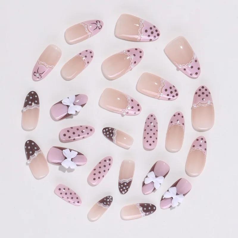 24 faux ongles en gel press-on rose bonbon, pois marrons, nœud papillon blanc 3D, faux ongles pour f
