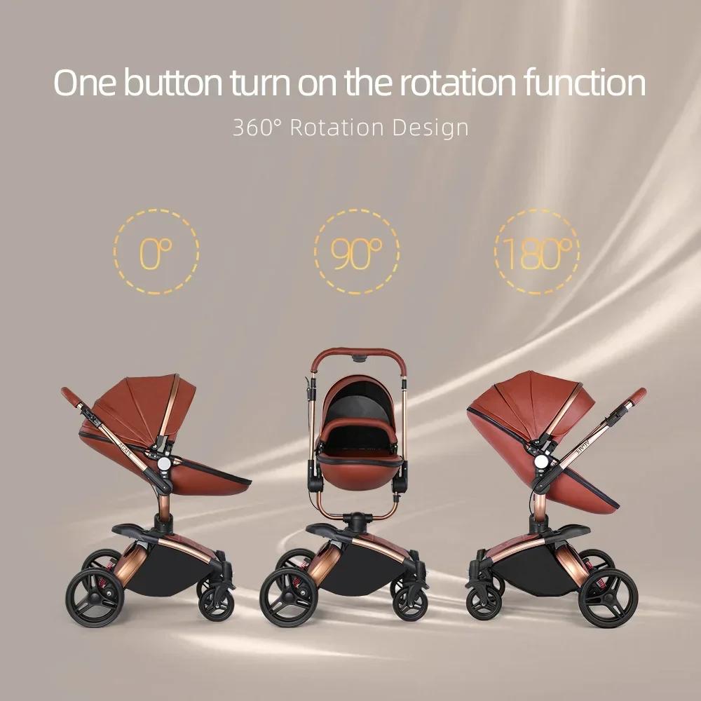 Poussette bébé 3 en 1, landau bidirectionnel de paysage haut, en cuir PU, pliable, absorbant les cho