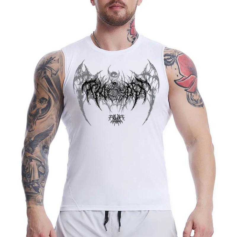 Chemise de compression sans manches imprimée ailes de crâne pour hommes débardeurs athlétiques à séc