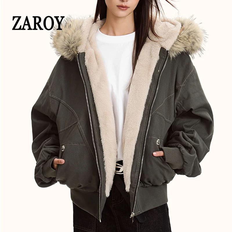 ZAROY col de fourrure Parkas à capuche Y2k Harajuku épaissir vestes rembourrées décontracté fermetur