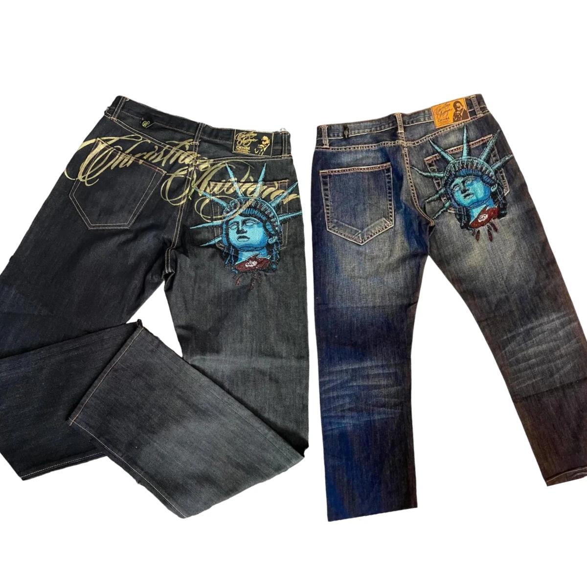Jeans larges Harajuku Y2K à motifs diamants, pantalon décontracté en denim des années 2000, jean dro