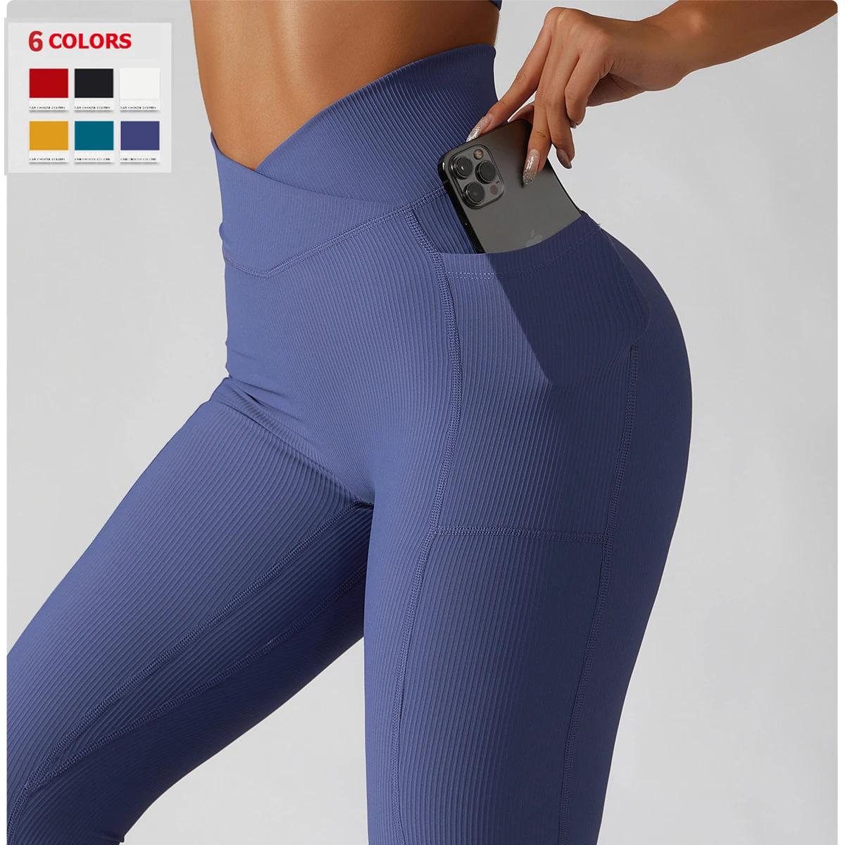 Pantalon de Yoga côtelé de couleur unie pour femmes, poches croisées, taille haute, Leggings de Fitn