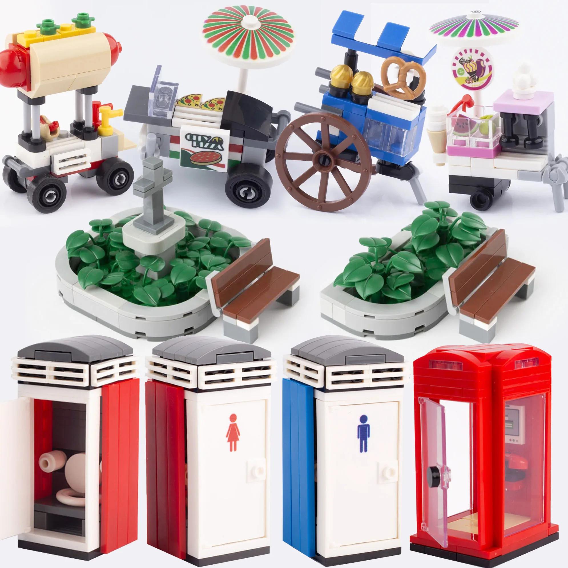 MOC – blocs de construction de stand de nourriture, boîte d'appel, toilettes, vue sur la rue, Pizza,