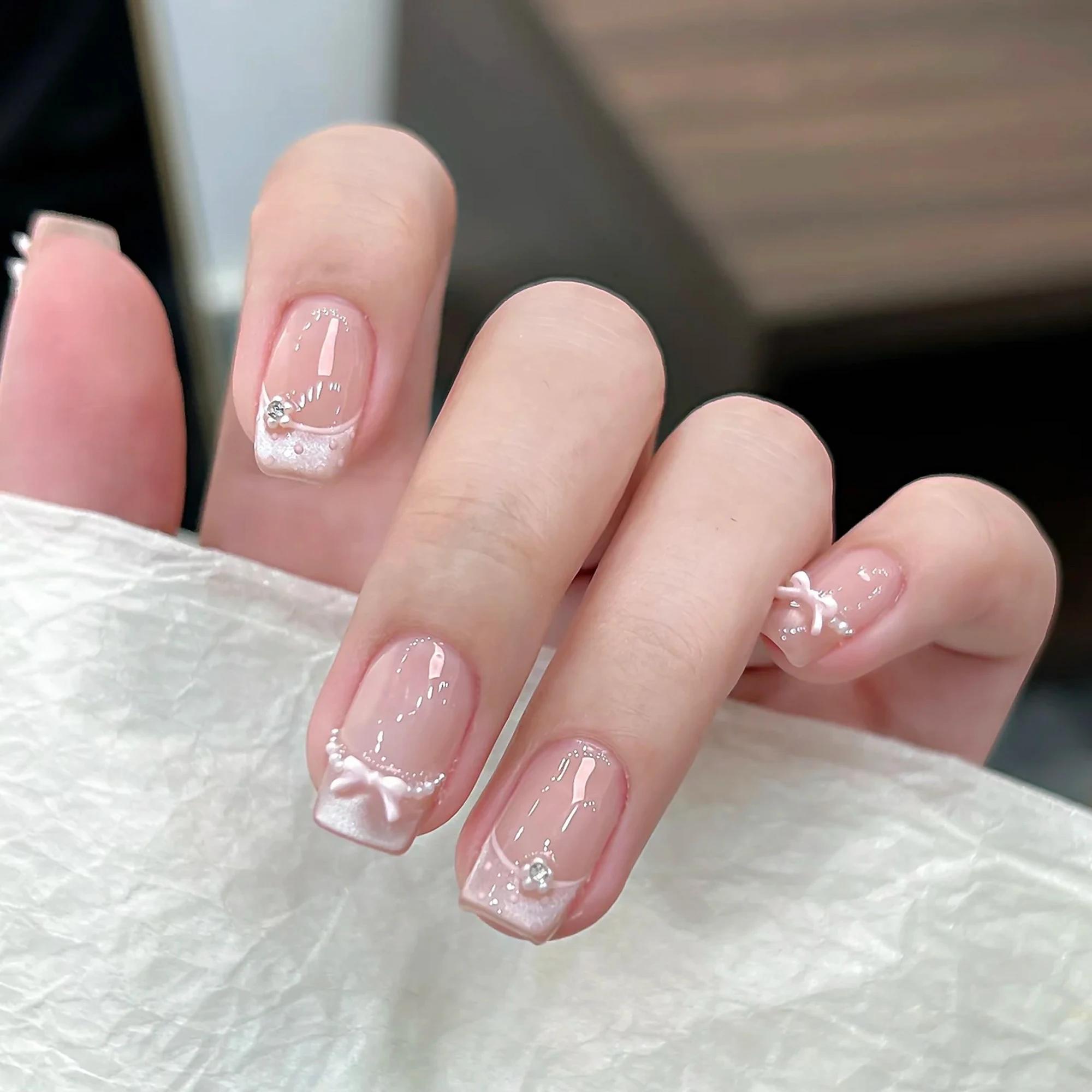 10 pièces haut de gamme style princesse français pur et sensuel, faux ongles faits à la main avec nœ