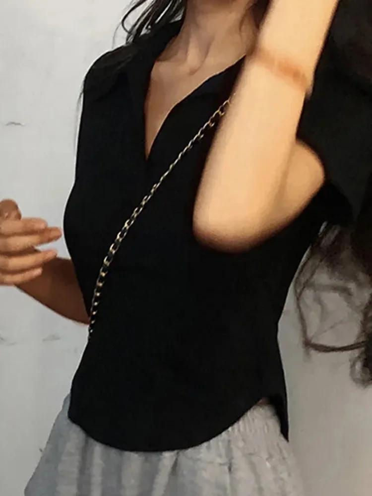 Haut à revers à manches courtes pour femmes, couleur unie, col en v, chemises rétro douces, haut cou