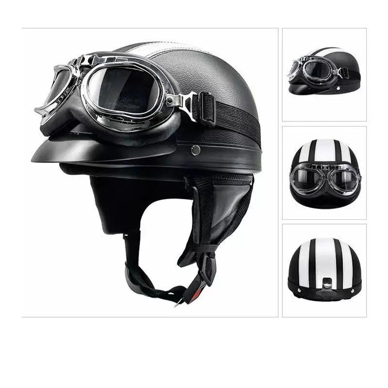 Casque de moto semi-ouvert rétro casque de moto et visière lunettes UV moto cross-country moto demi-