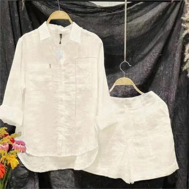 Ensemble d'été 2 pièces en coton et lin pour femmes, chemise et short blancs à manches longues, à la