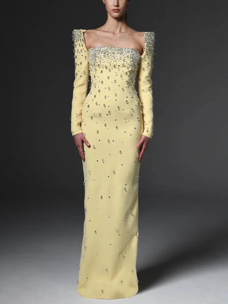Robe longue maxi pour femme, col carré, perles et diamants, manches longues, nouvelle mode 2026, hau