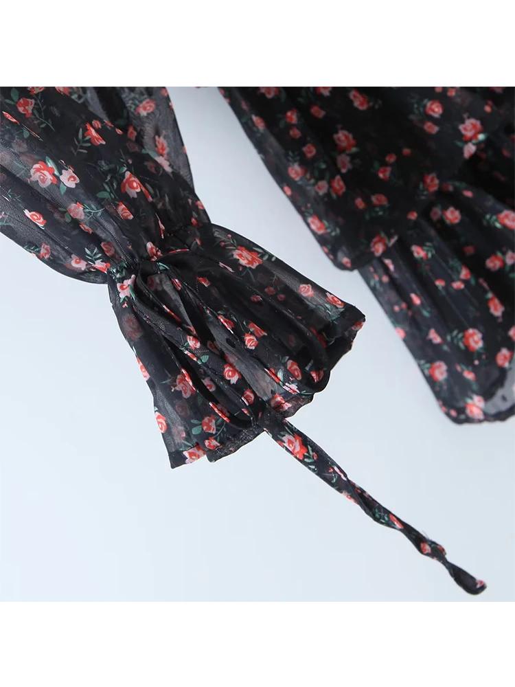 YENKYE automne mode femmes Vintage imprimé fleuri robe en mousseline de soie Sexy Semi-transparent à