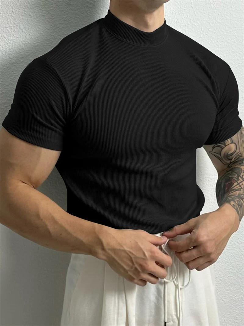 Printemps été mode hommes T-shirt petit col haut chemise à rayures à manches courtes haut de fitness