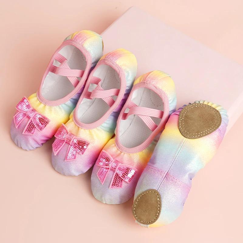 Chaussures de ballet pour filles à paillettes irisées - Pantoufles souples pour enfants danse