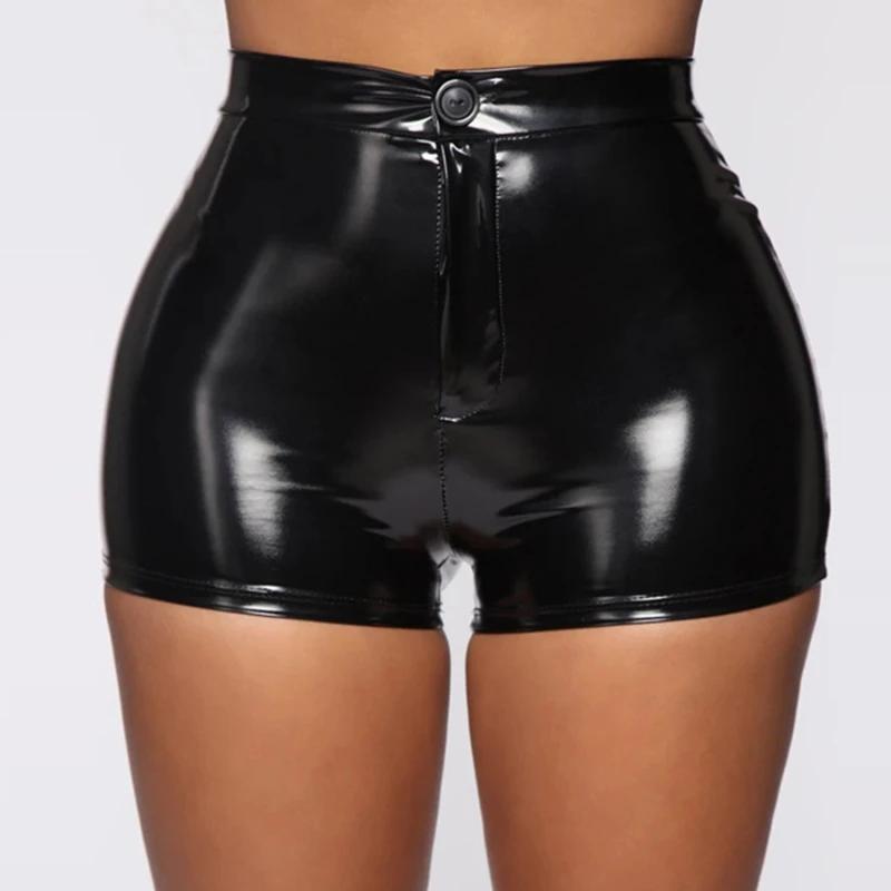 Short taille haute en cuir PU pour femme, short noir solide, bouton de document, olympiques de boîte