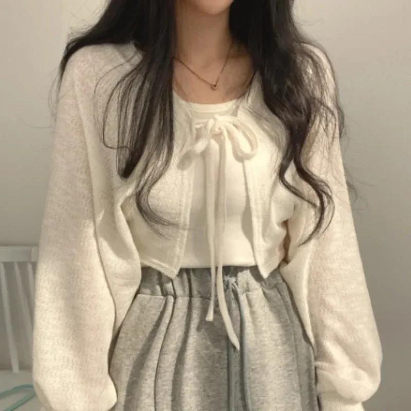Cardigan blanc fin pour femmes, protection solaire d'été, tricot à lacets, hauts pour dames, Style c