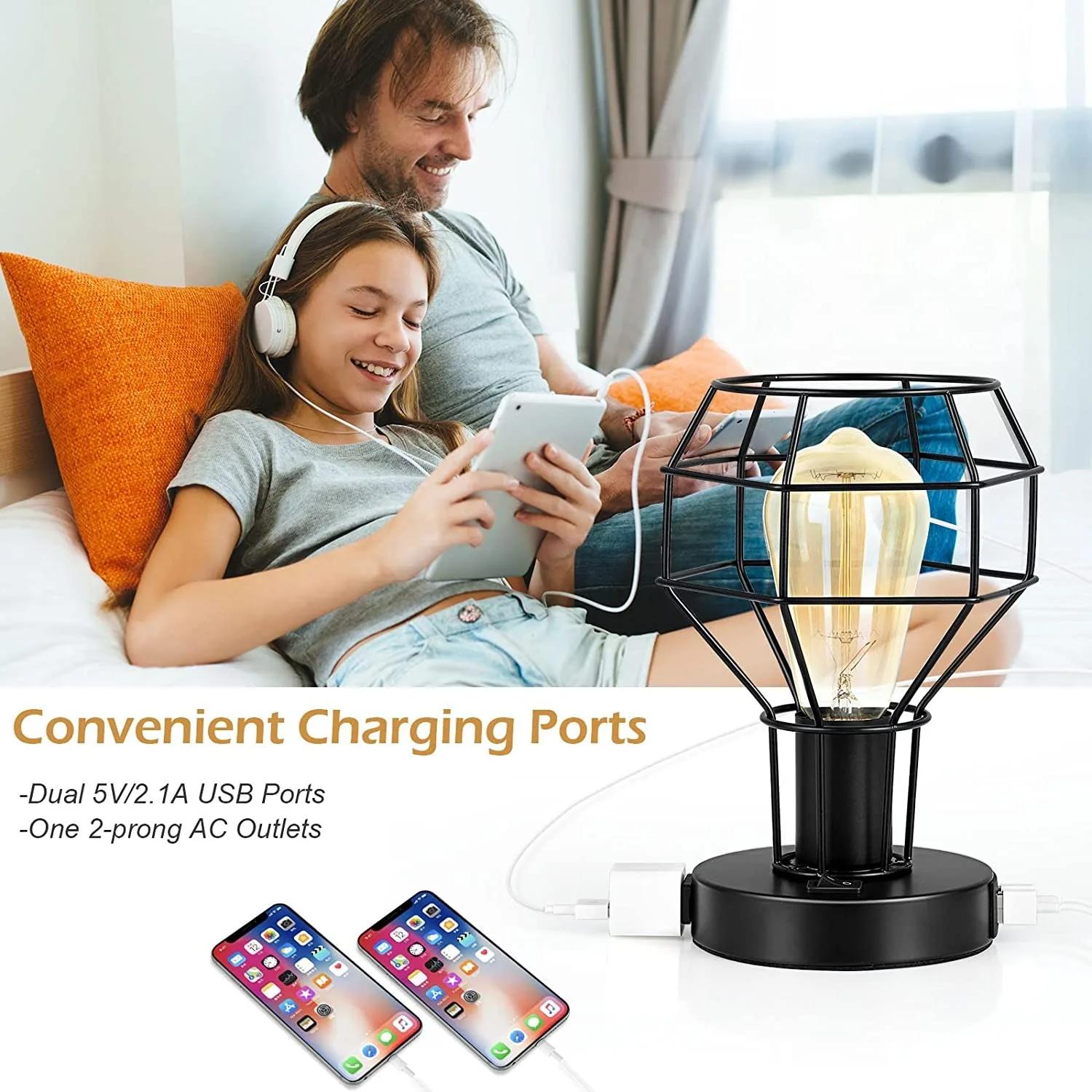 Petite lampe de table industrielle avec port de charge USB, lampe de bureau vintage avec prise pour 
