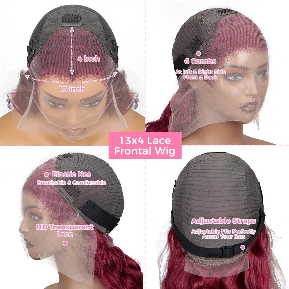 Perruque Lace Front Wig Body Wave Brésilienne Naturelle, Cheveux Humains, Rouge Bordeaux 99J, 13x4, 