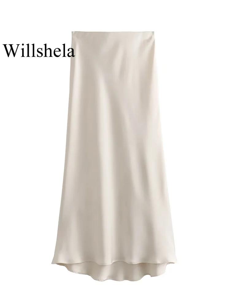 Willshela 2024 jupe en Satin noir femme taille haute jupes longues élégantes pour les femmes mode ét