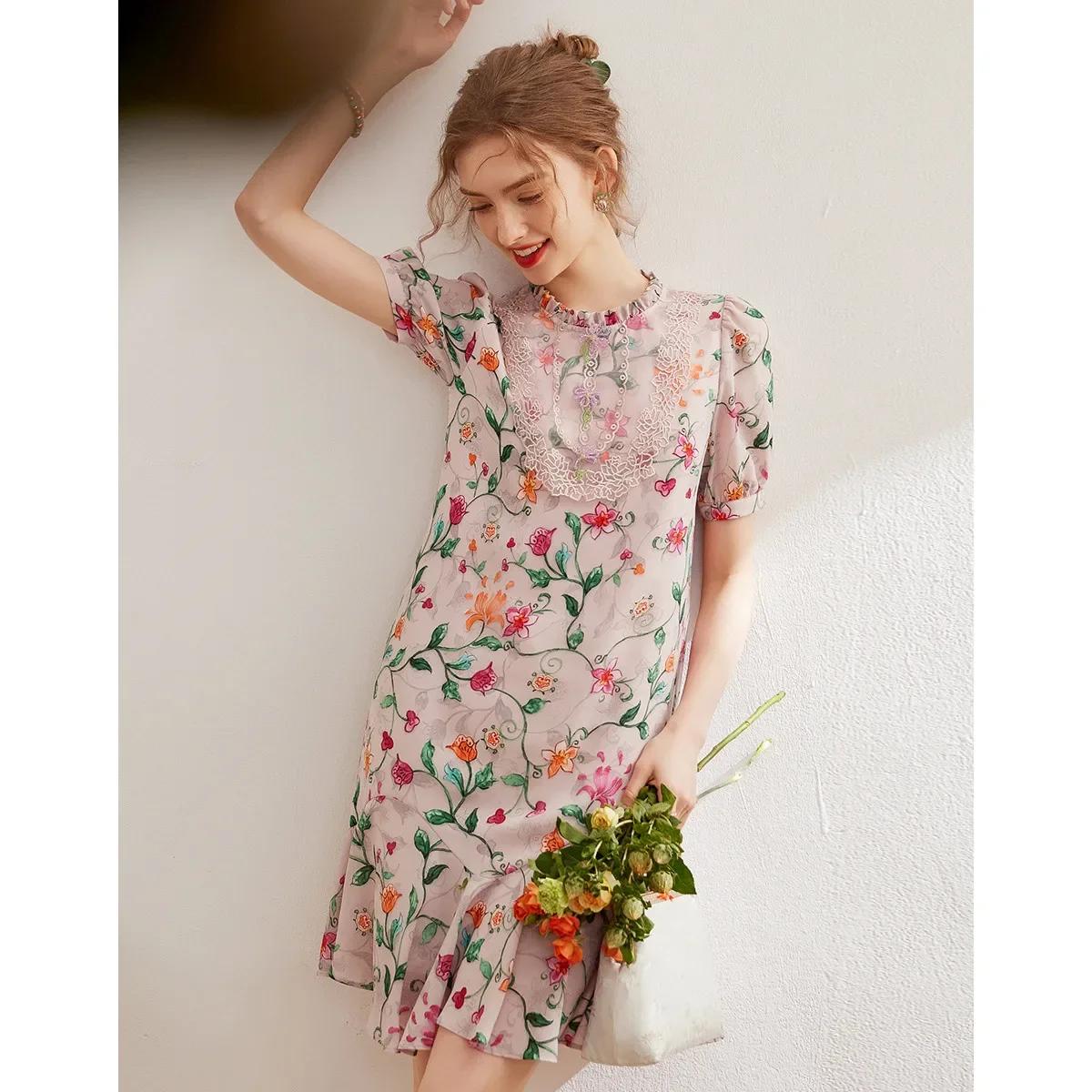 Modiis Yao-Robe florale brodée élégante, dentelle perlée, col rond, manches courtes, robe courte A-L
