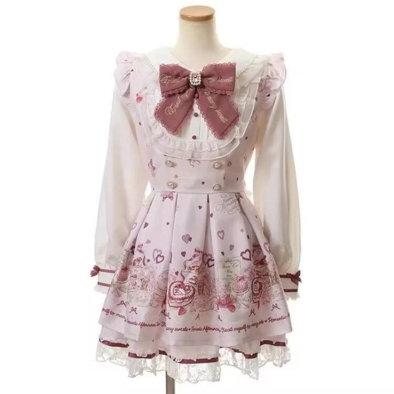 Ensemble robe japonaise Kawaii avec nœud en strass pour femme, style Lolita doux et mignon, chemise 