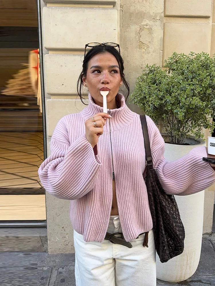 Cardigan décontracté en maille rayée pour femme, avec double fermeture éclair, manches longues, col 
