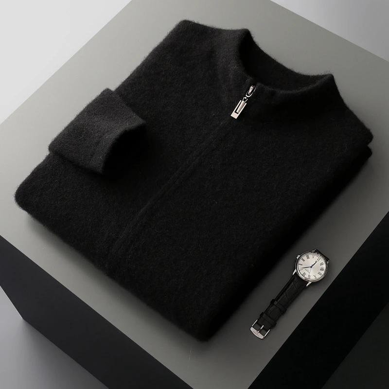 Cardigan en cachemire pur pour hommes, col mi-haut, fermeture éclair, pull décontracté, tempérament,